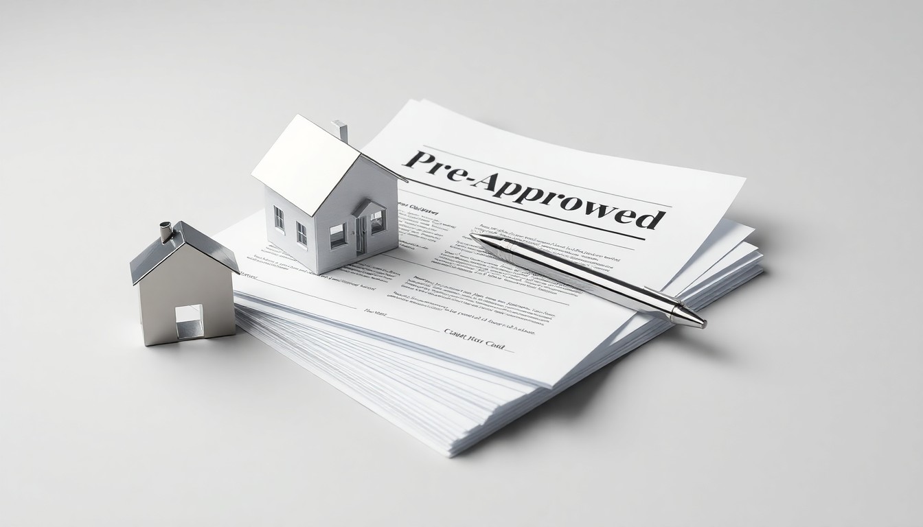 A minimalist studio still life photograph featuring a polished metal house-shaped paperweight, a stack of real estate documents, and a pen, conceptually representing the process of getting pre-approved for a mortgage.