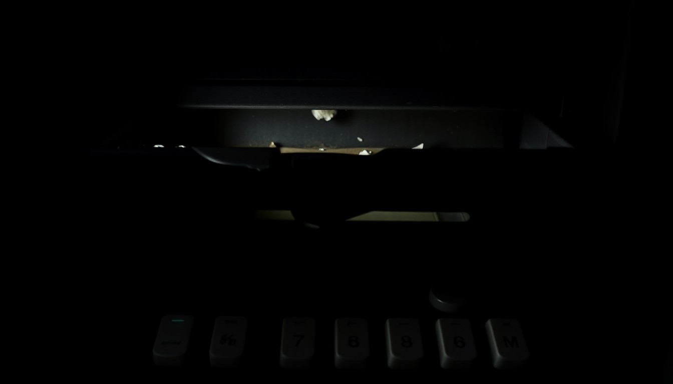 An extreme close-up photograph of a damaged cash register drawer or broken lock, lit by a harsh, direct camera flash against a pitch-black background, conceptually illustrating the investigative nature of an insurance fraud case.