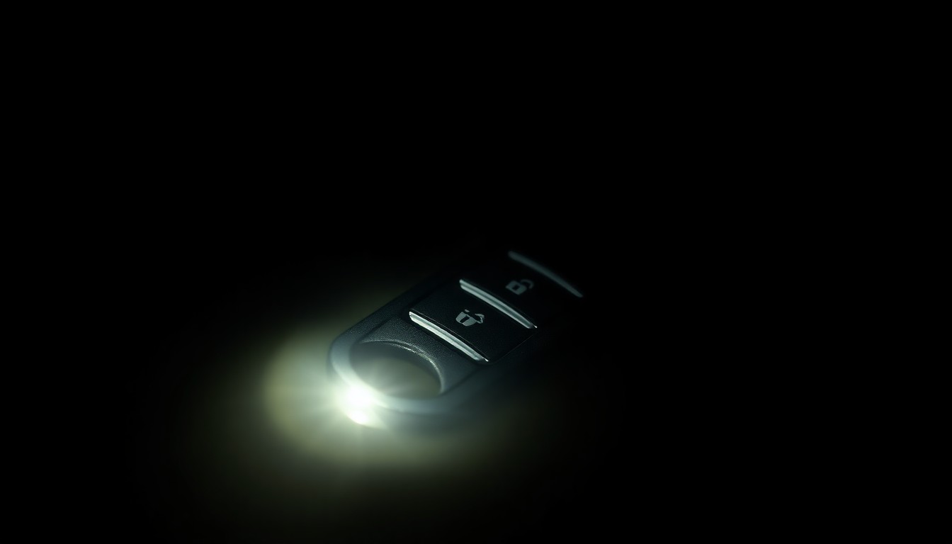 An extreme close-up photograph of a car key fob partially submerged in murky water, reflecting a faint glimmer of light, conceptually representing the mystery surrounding a tragic incident.