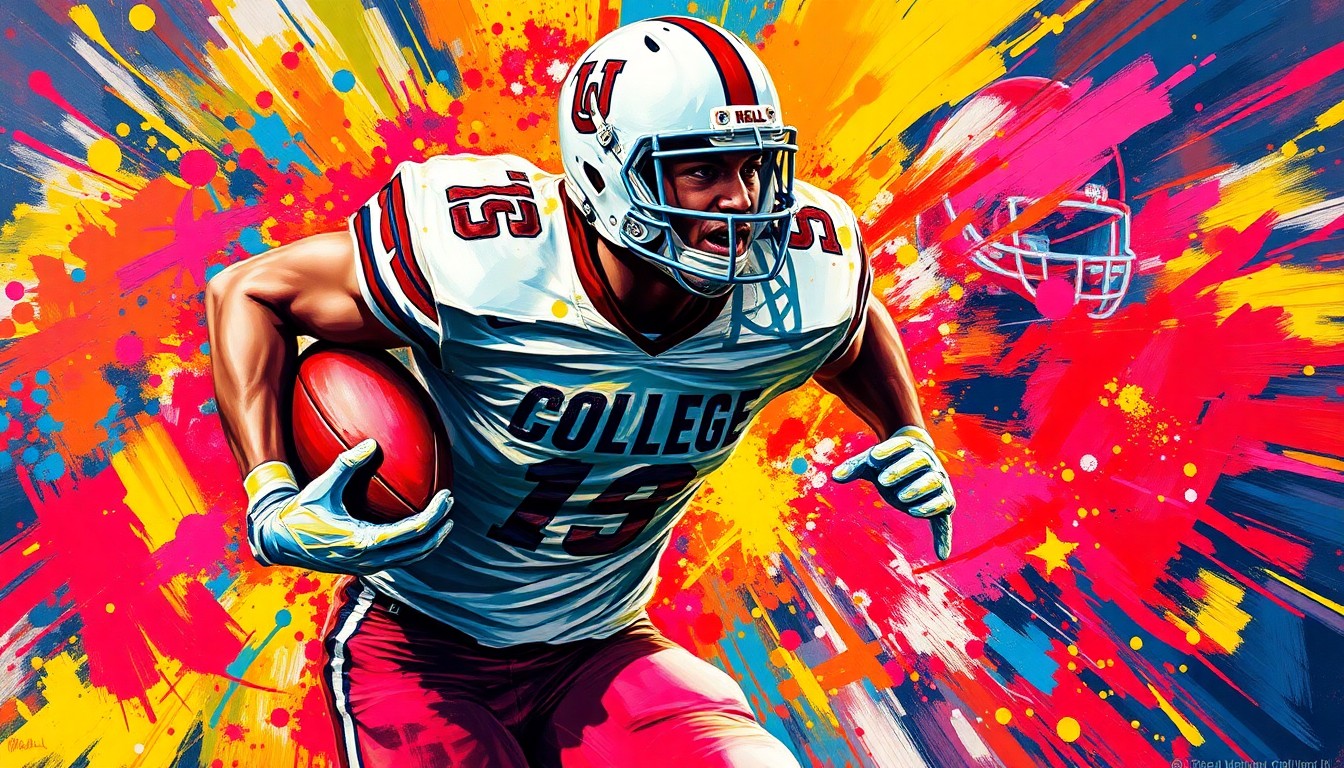 An extreme close-up of a college football player's legs and torso, rendered in a vibrant, expressionist style with rapid brushstrokes and neon colors, capturing the raw energy and power of their running motion.