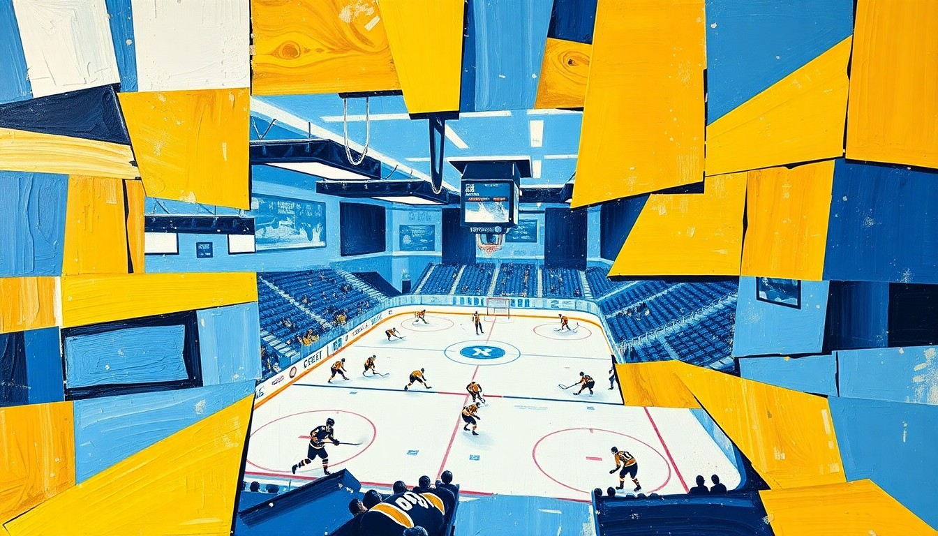 A fragmented, abstract painting depicting a college hockey game, with the players and ice rink broken down into sharp, overlapping geometric shapes in the colors of the University of Michigan.