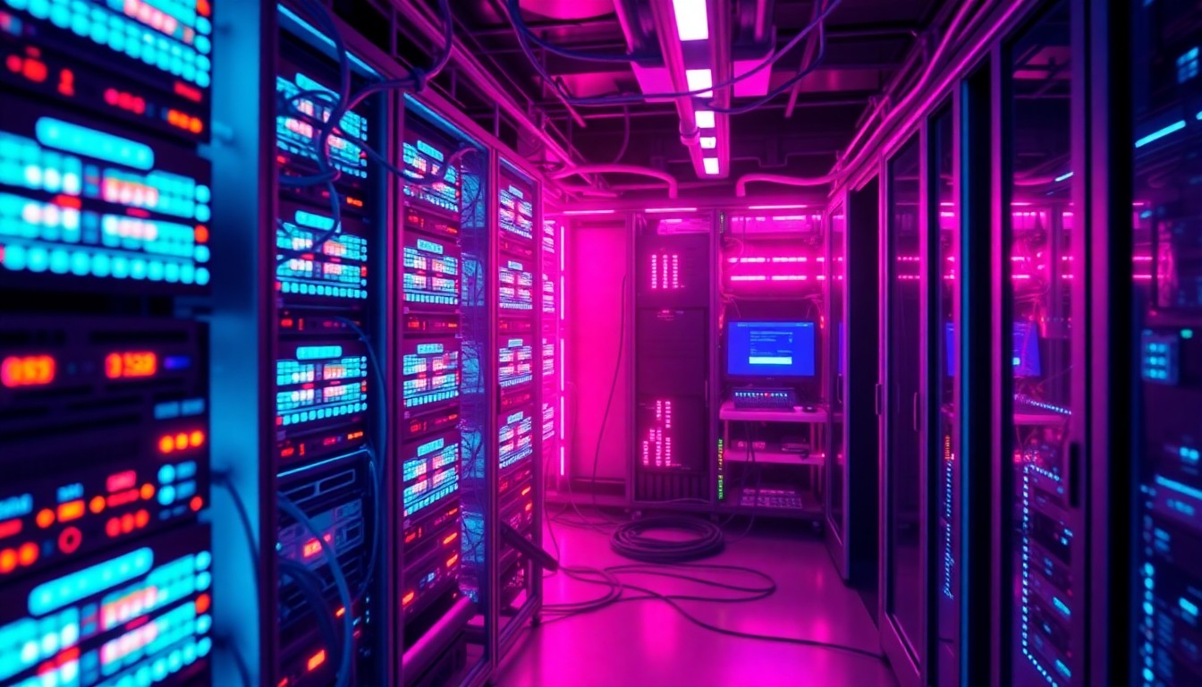 A highly detailed, glowing 3D illustration of a hospital's internal computer network infrastructure, with neon cyan and magenta lights illuminating the complex web of servers, routers, and data cables, conceptually representing the vulnerability of healthcare technology systems to cyberattacks.