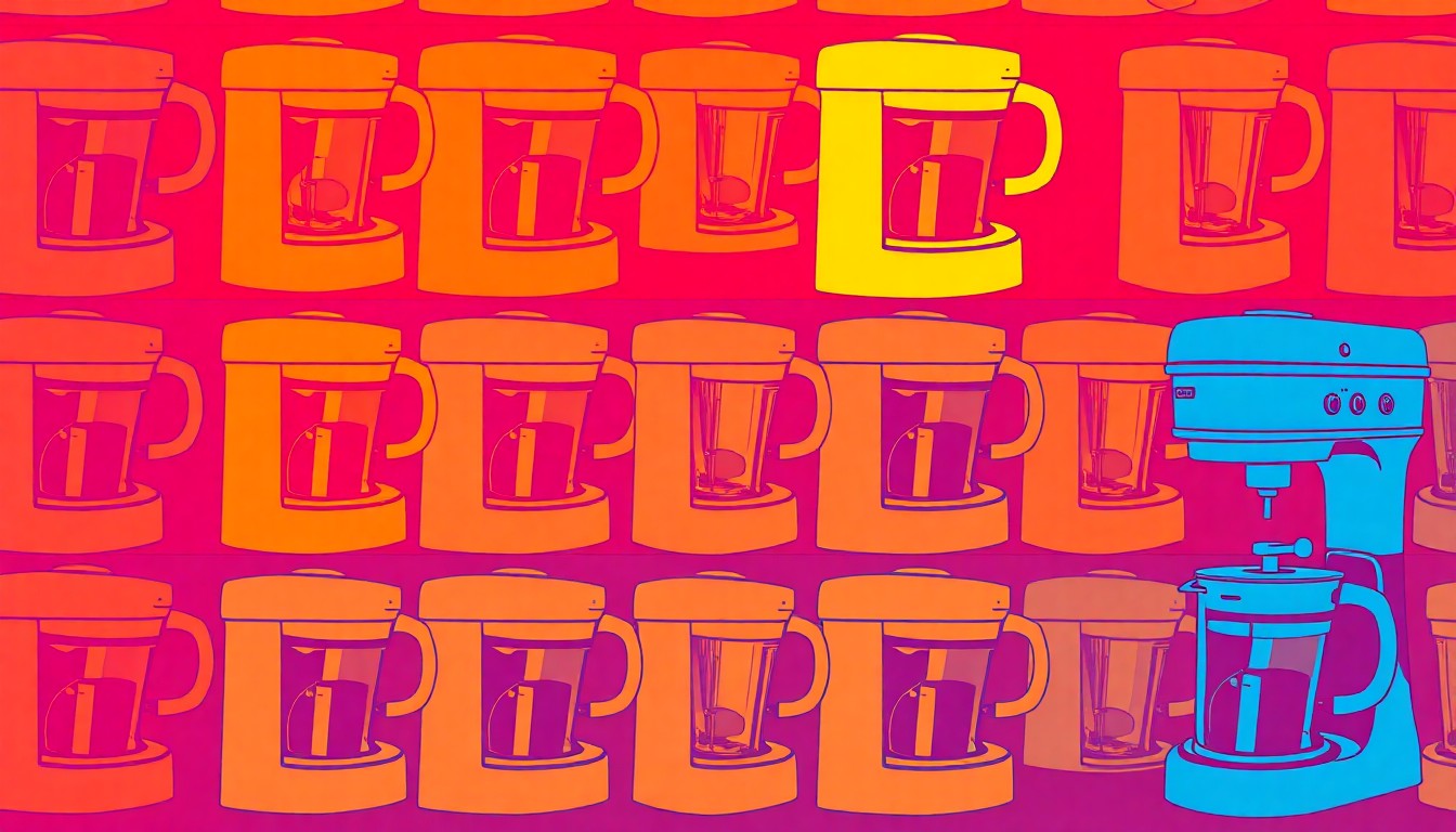 A brightly colored, high-contrast silkscreen print of a single, iconic kitchen appliance repeated in a tight grid pattern, conceptually representing the vibrant and stylish kitchen remodeling projects available through BLC Remodeling.