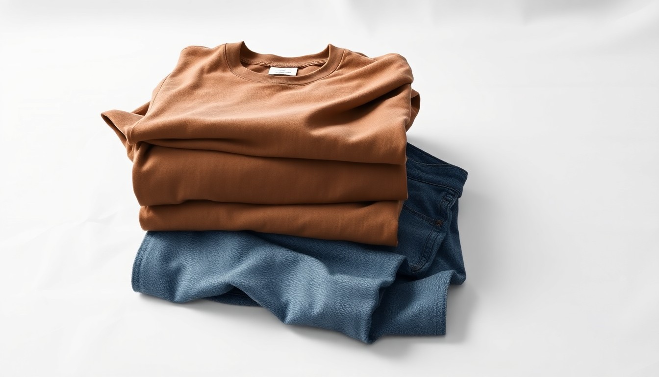 A high-end studio still life photograph featuring a neatly folded stack of basic t-shirts and a pair of well-worn jeans in muted earth tones, conveying a sense of premium quality and timeless style against a clean white background.