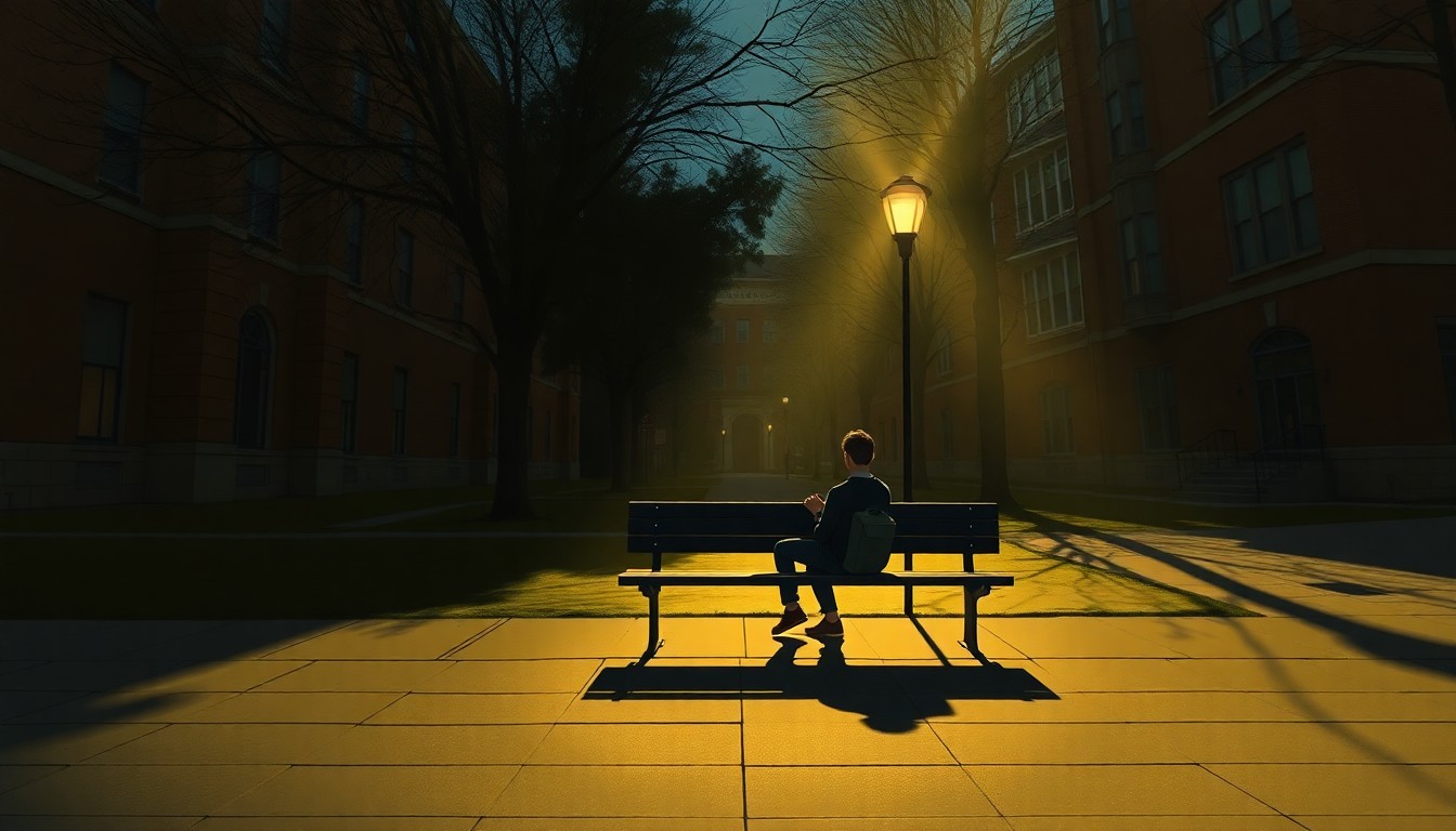 A solitary student sits alone on a bench on the DePaul University campus, the warm sunlight and deep shadows creating a contemplative, cinematic mood that reflects the tensions surrounding the suspension of the pro-Palestinian student organization.