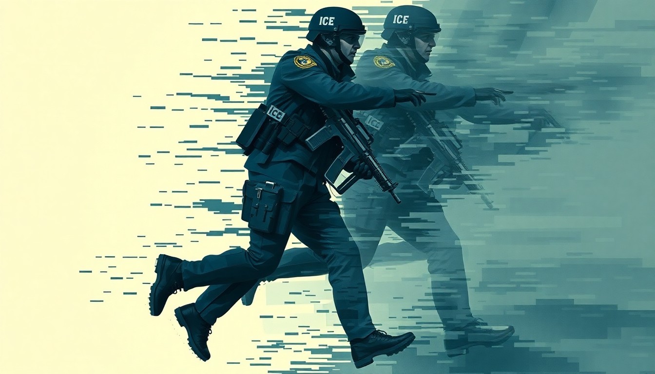 A fractured, abstract painting depicting an ICE agent in motion, their uniform and equipment repeated in overlapping geometric shapes and waves of muted colors, conveying a sense of disruption and the unsettling impact of immigration enforcement.