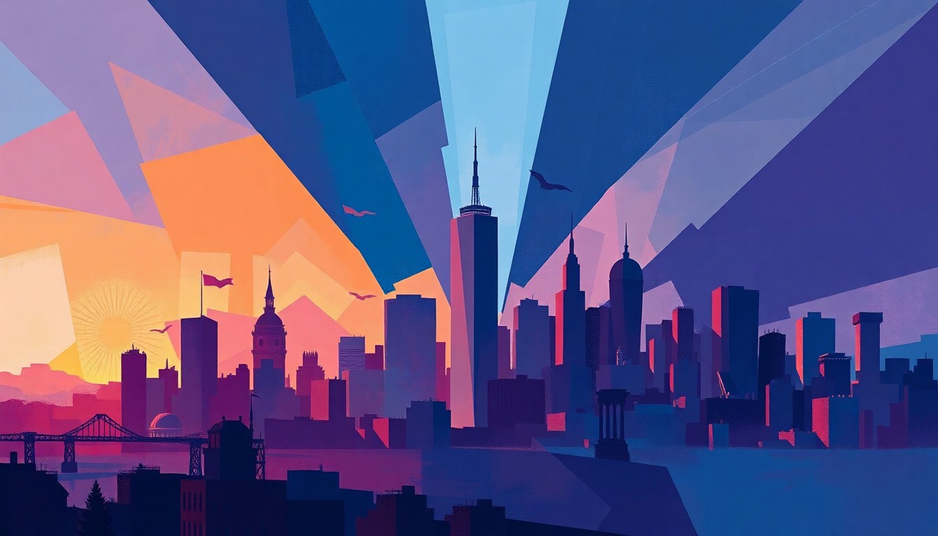 A dynamic, abstract painting of an urban skyline rendered in overlapping, geometric waves of blue, purple, and orange hues, conveying a sense of political transition and uncertainty.