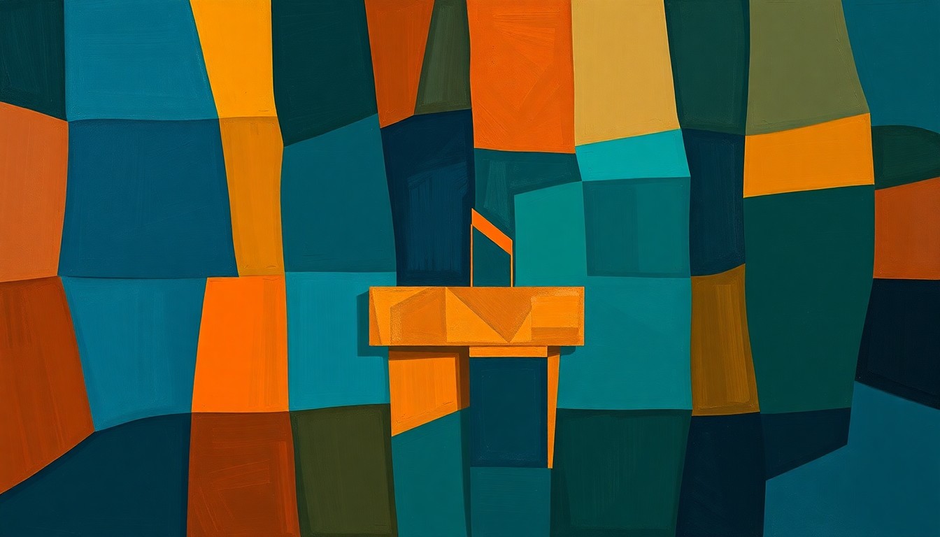 A fractured, abstract painting featuring overlapping geometric shapes and waves of deep blue, forest green, and burnt orange, conveying a sense of political flux and uncertainty around the future of the Democratic Party.