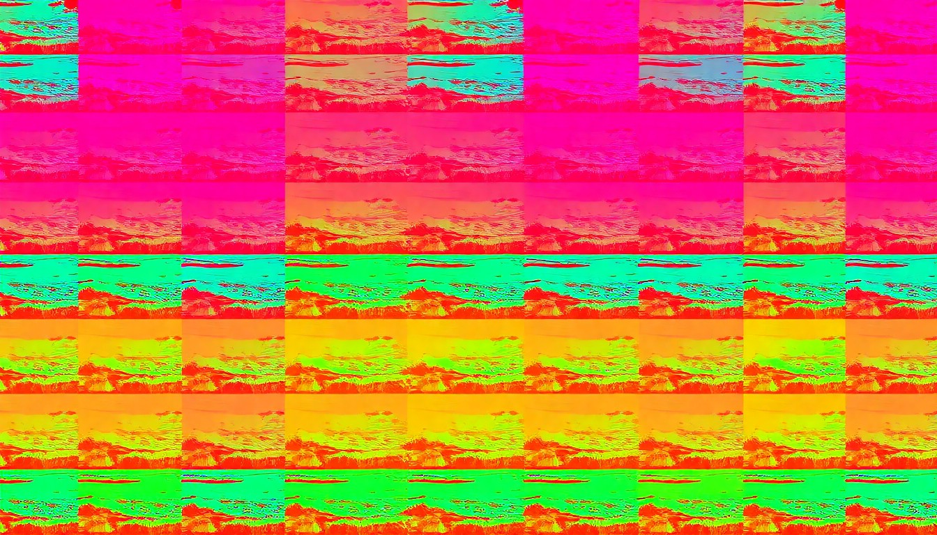 A brightly colored, high-contrast silkscreen print of a natural lakefront scene repeated in a grid pattern, using flat, unnatural neon colors and heavy black outlines to transform the everyday landscape into modern pop art.