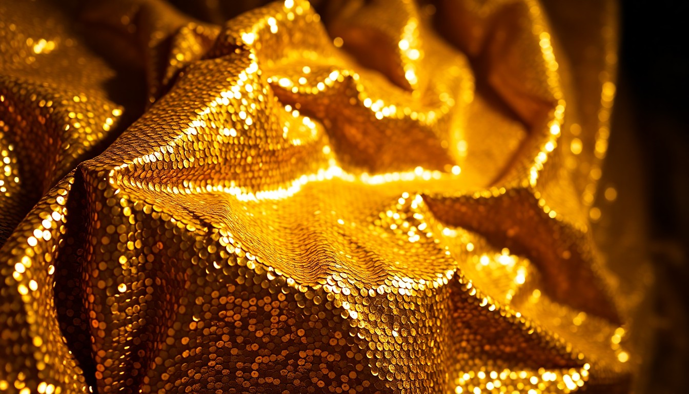 An abstract close-up photograph of a luxurious, crumpled gold sequin fabric, capturing the glamour and emotion of the entertainment industry.