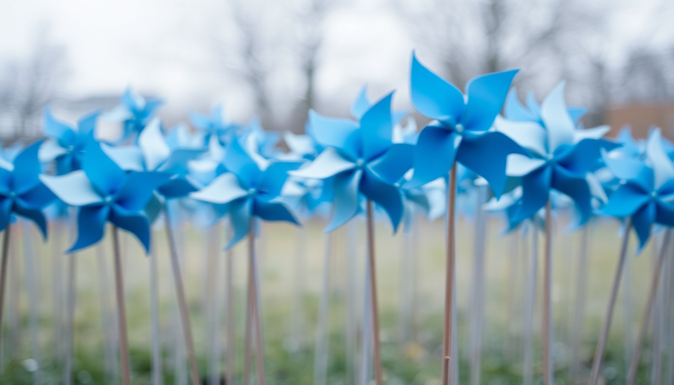 An abstract, out-of-focus photograph of a field of spinning blue and silver pinwheels, representing the community's efforts to raise awareness and promote child abuse prevention.