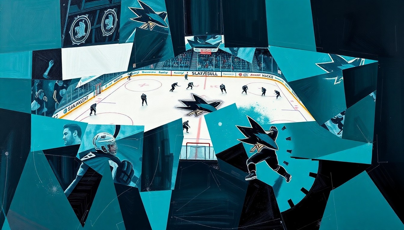 A cubist, geometric painting depicting a San Jose Sharks hockey game, with the players and action broken down into sharp, overlapping planes of teal, black, and white, conveying the team's newfound confidence and determination.
