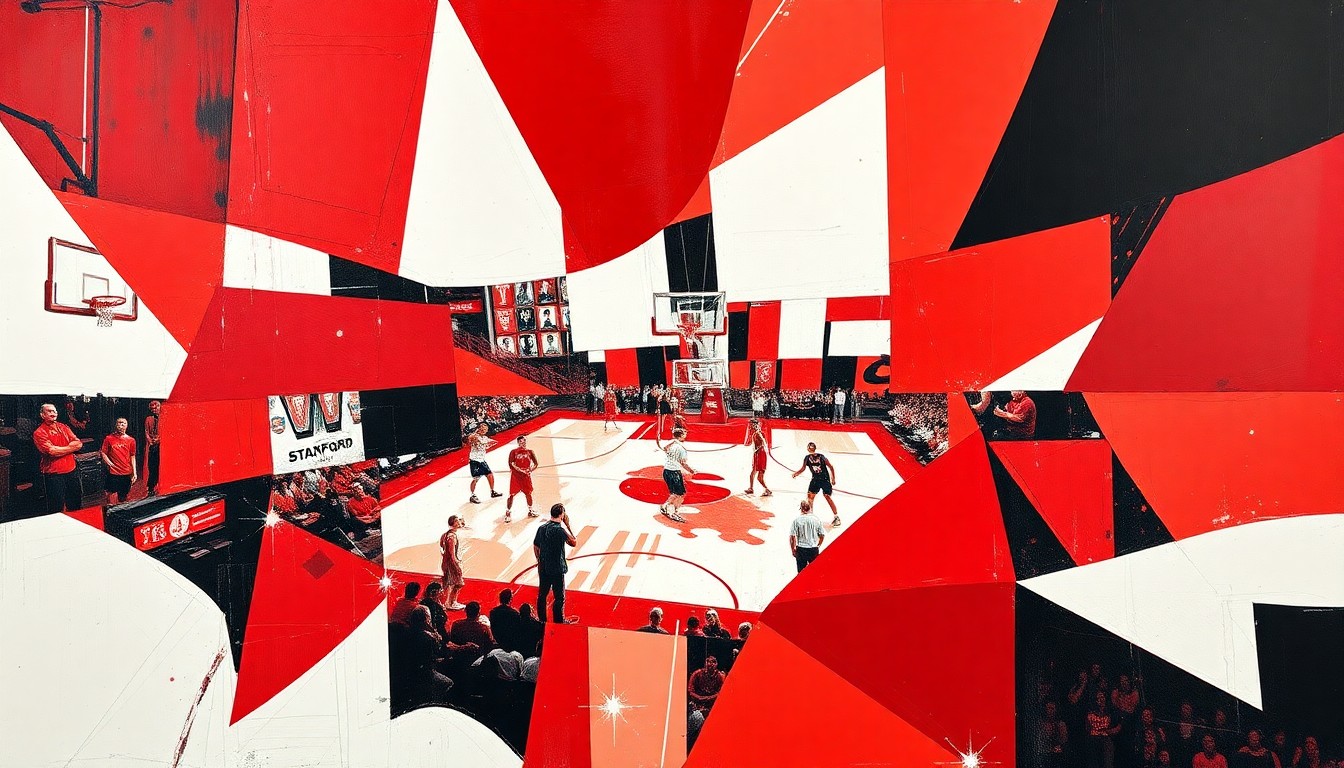 A cubist, geometric painting depicting fragmented, overlapping shapes and planes in shades of red, white, and black, representing the disruption and uncertainty facing Stanford's basketball team after the surprise transfer of a key young player.
