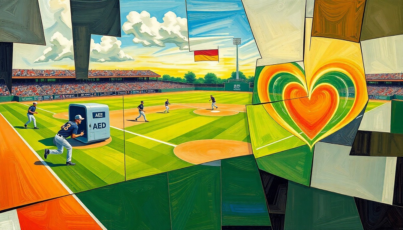 A cubist-style painting depicting a softball field with players in motion, an AED device, and a glowing heart symbol, all broken down into sharp, overlapping geometric shapes and planes, conveying the story's themes of community, safety, and student leadership.