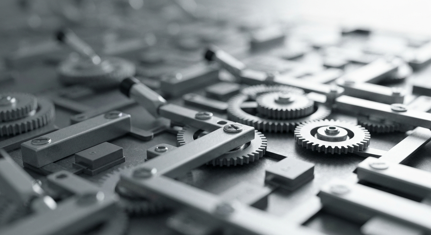 An extreme close-up of a complex network of metal gears, levers, and electronic components representing the inner workings of financial regulatory machinery.