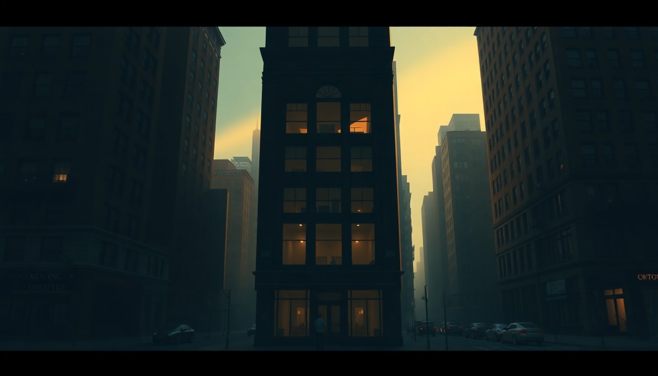 A photorealistic painting of a tall office building in downtown New York City, with the facade bathed in warm, golden sunlight streaming through the windows, while the lower floors are cast in deep, moody shadows, creating a sense of quiet solitude and economic uncertainty.