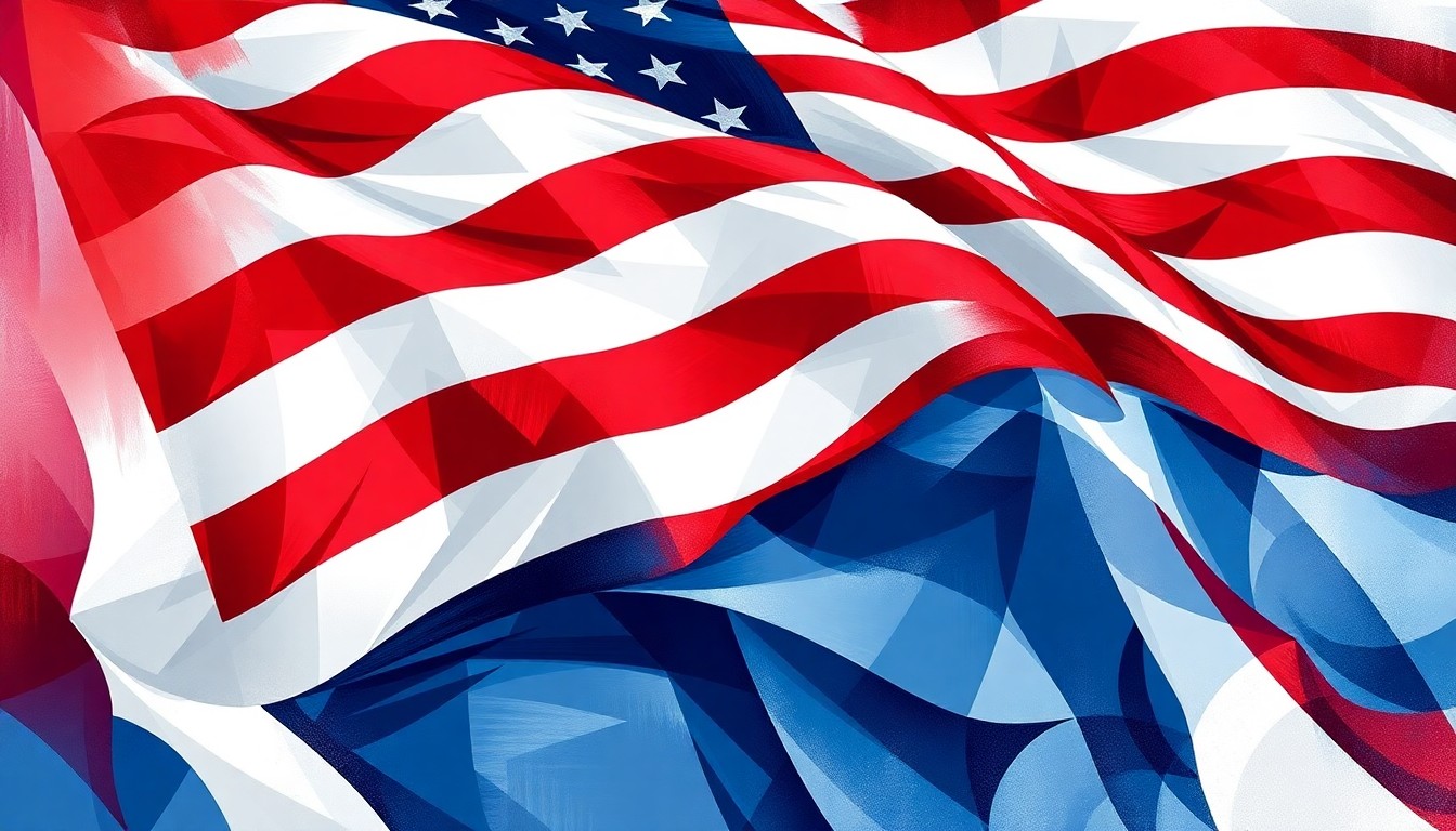 A fractured, abstract painting featuring repeating, overlapping waves of red, white, and blue, conceptually representing the turbulent political climate surrounding the Georgia special election.