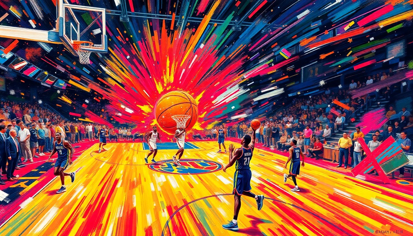 An abstract, energetic painting featuring bold strokes of neon orange, electric blue, and vibrant yellow, capturing the dynamic movement and intensity of a professional basketball game.