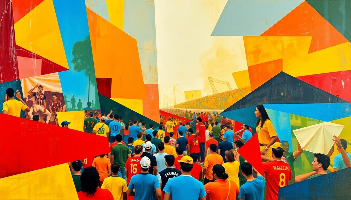 A cubist, geometric painting depicting the energy and excitement of a World Cup fan zone, with overlapping planes of bright colors and abstracted figures representing the crowds of fans.