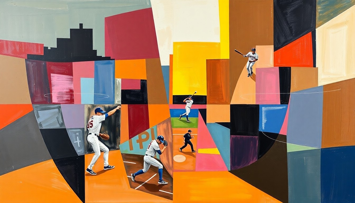 A cubist, geometric painting depicting the final moments of the Mets' comeback win, with fragmented, overlapping shapes and planes representing the action on the field.