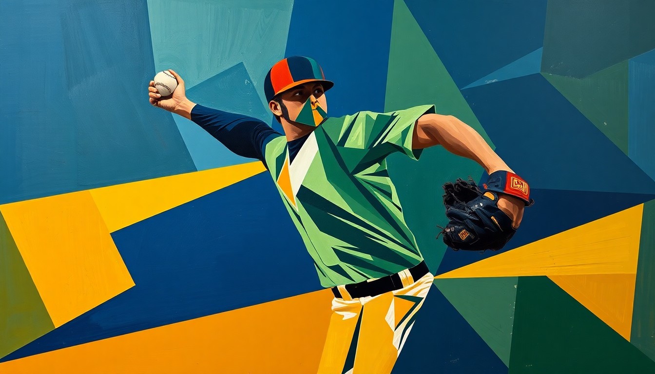 A cubist, geometric painting depicting the motion of a baseball pitcher broken down into overlapping planes of navy, green, and ochre, conceptually representing the Angels' efforts to reshape their relief corps.