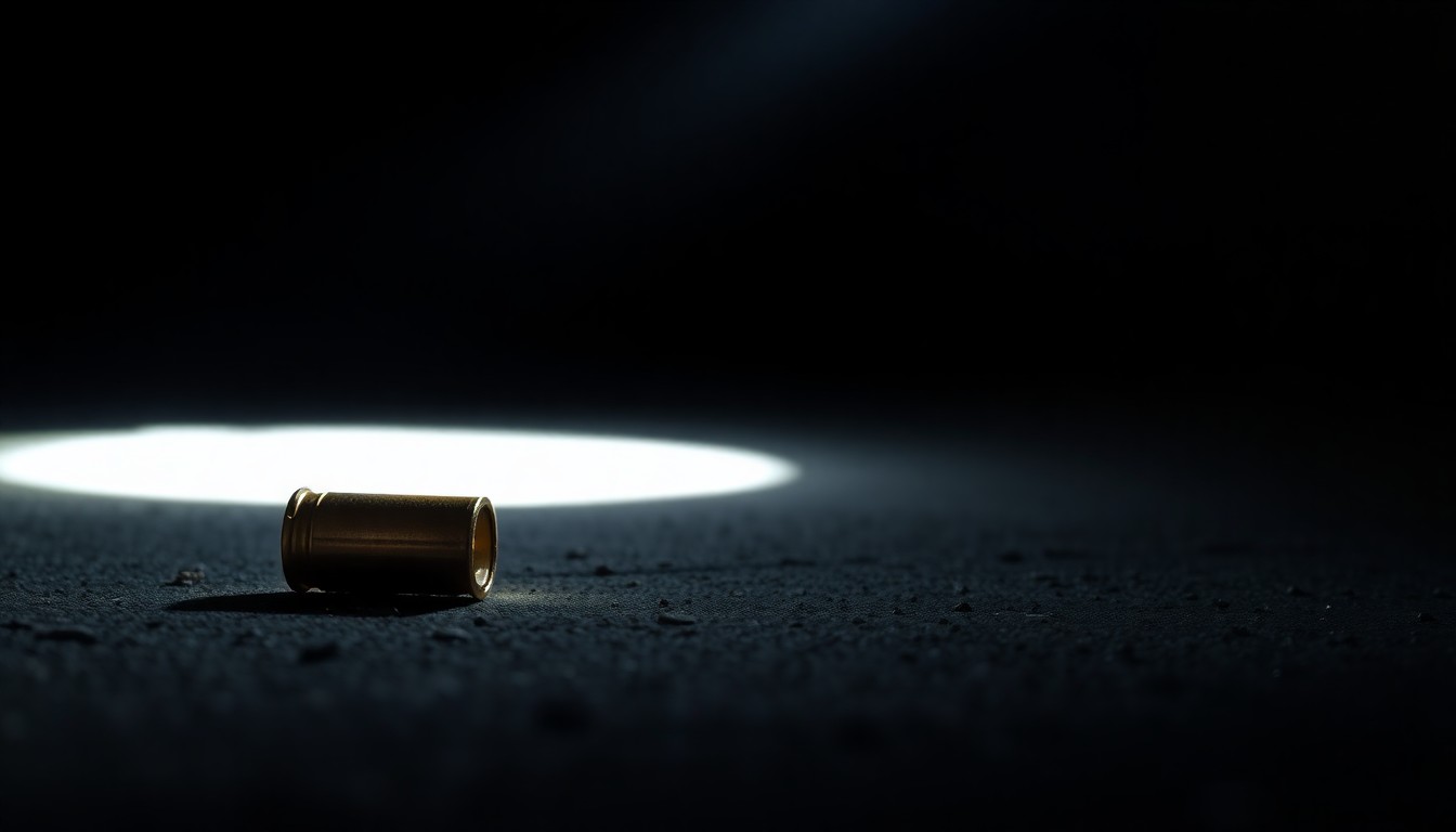 An extreme close-up of a single spent shell casing on a dark concrete surface, conceptually illustrating the aftermath of a law enforcement shooting.