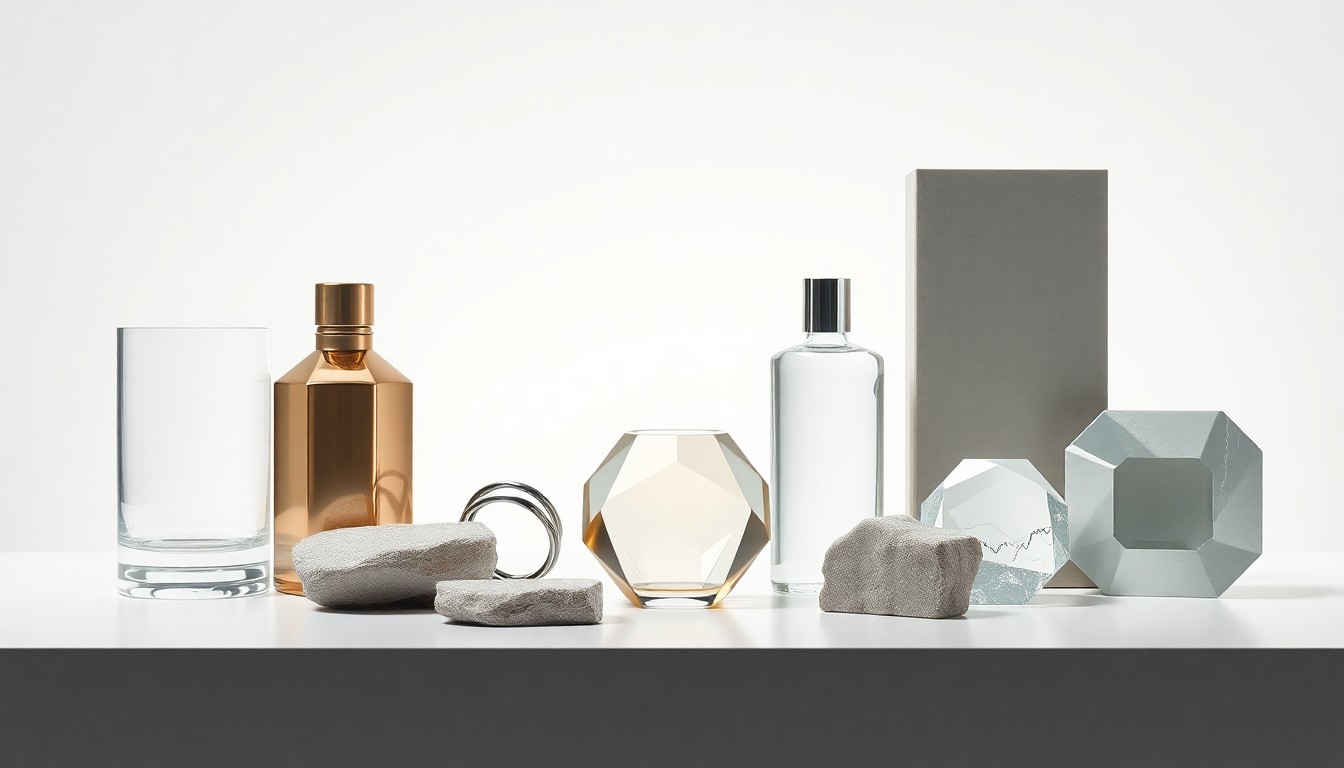A photorealistic studio still life featuring a collection of polished, geometric shapes and forms made from premium materials like glass, metal, and stone, arranged elegantly on a clean, monochromatic background to conceptually represent the abstract corporate strategy and market trends in the life sciences industry.