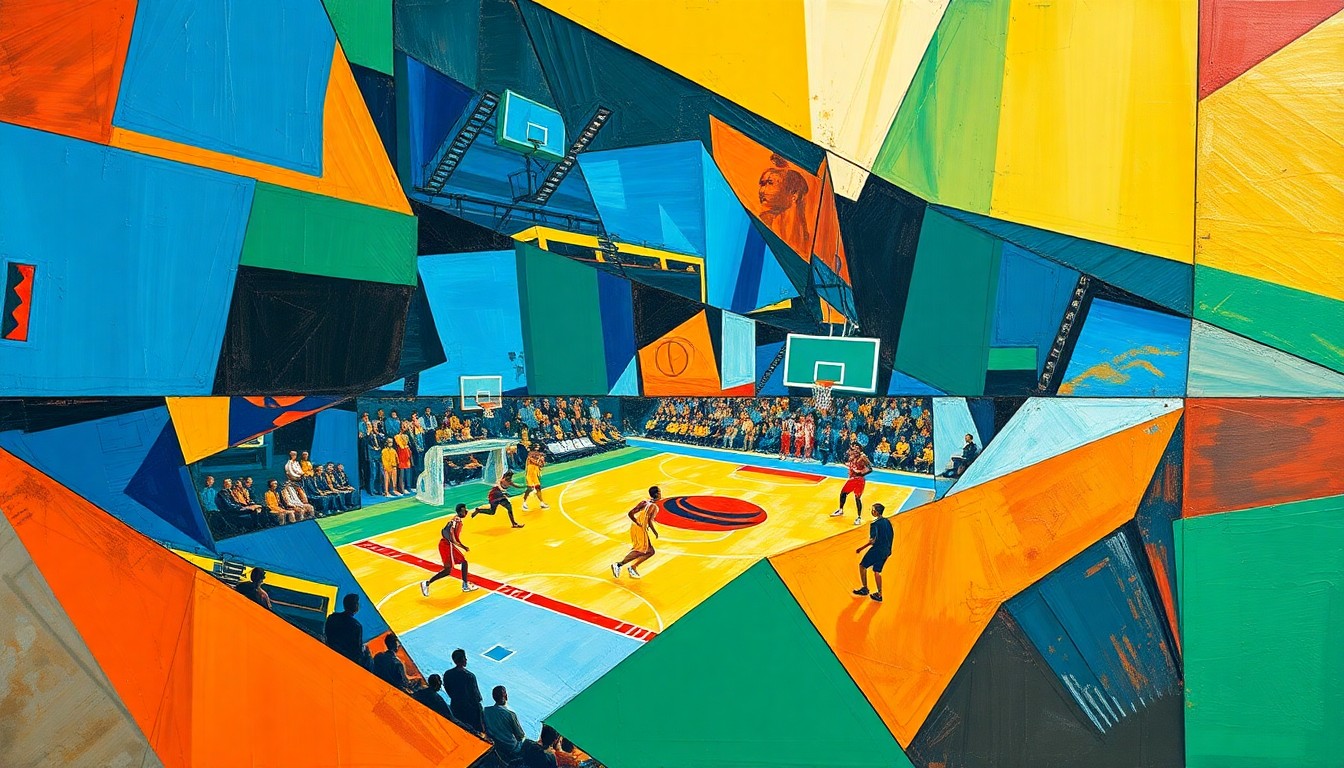 A fragmented, geometric painting depicting the dynamic movements and energy of a basketball player in action, rendered in a bold, abstract style that captures the essence of championship-level competition.