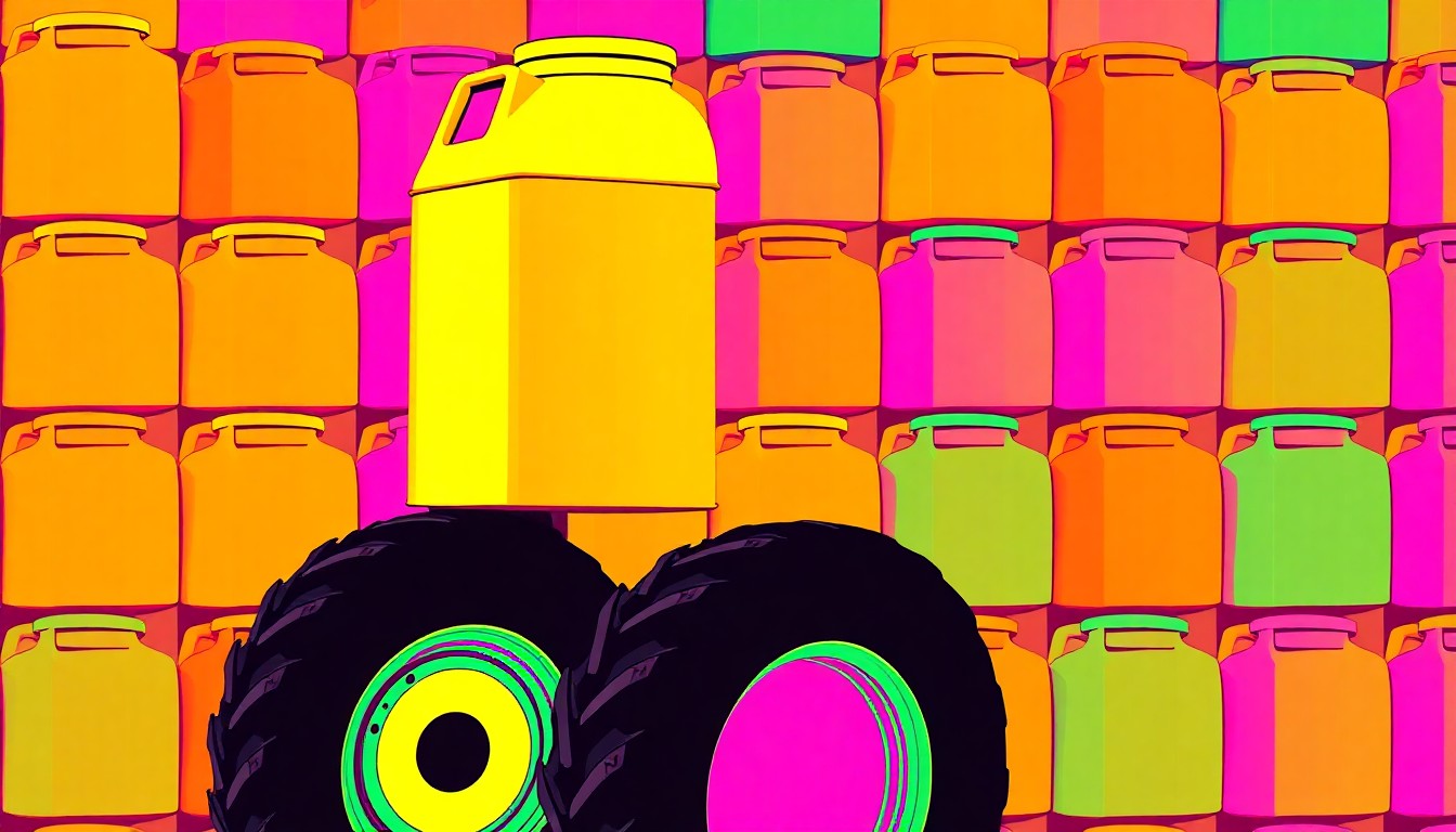 A brightly colored, high-contrast silkscreen print of a single, iconic dairy farming object like a milk can or tractor tire, repeated in a tight grid pattern, conceptually representing the modernization and creative energy of the next generation of dairy farmers.