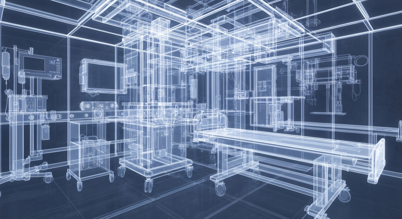 A ghostly, translucent X-ray photograph revealing the intricate internal structures and equipment of a modern hospital room, conceptually illustrating the technological advancements that will be part of Mercy's healthcare facility upgrades in Fort Smith.