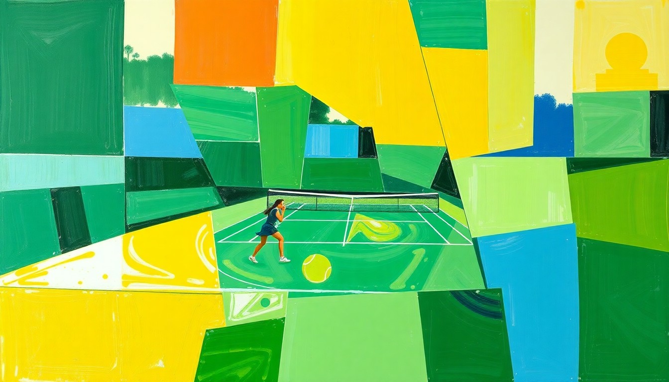 A cubist-style painting featuring overlapping geometric shapes and planes in bright greens, blues, and yellows, conceptually representing the dynamic action of a women's tennis match.