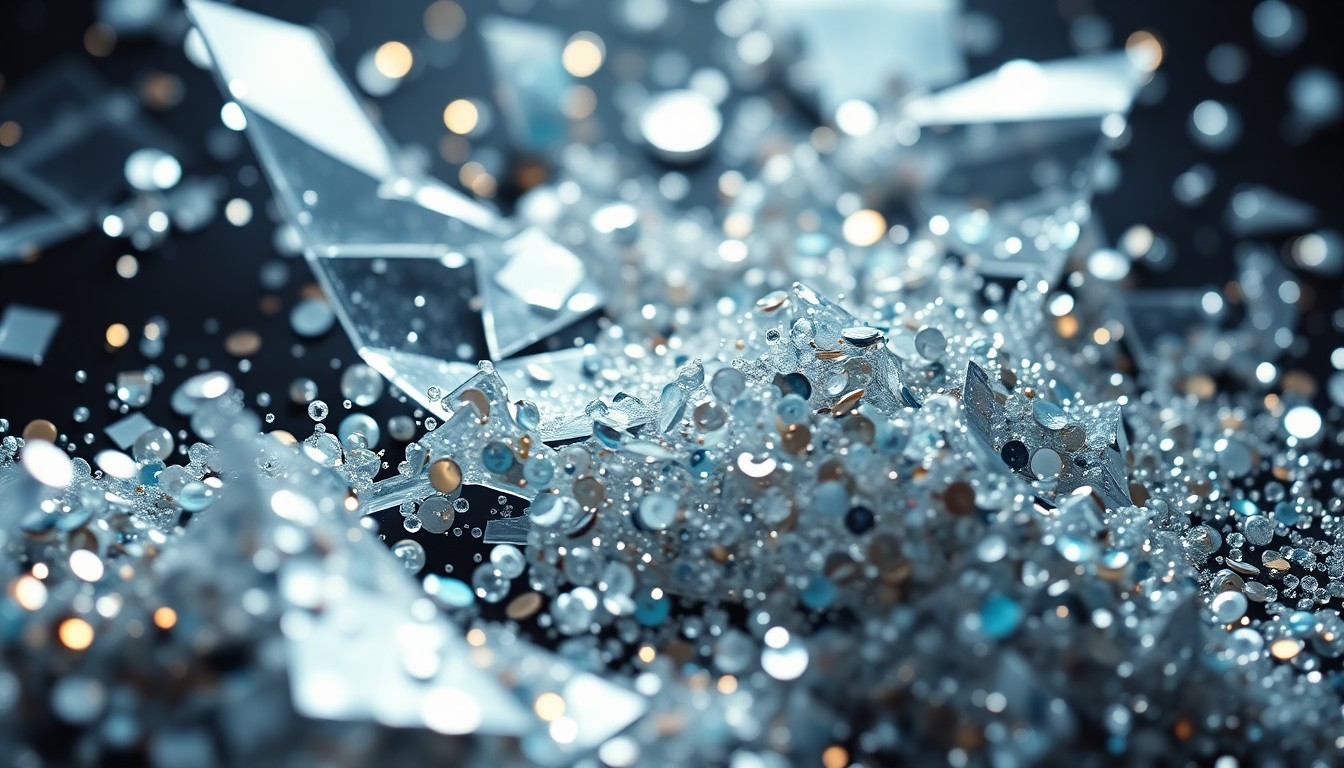 An abstract close-up image featuring shattered glass and glittering sequins, conveying the glamour and high-stakes nature of celebrity culture.