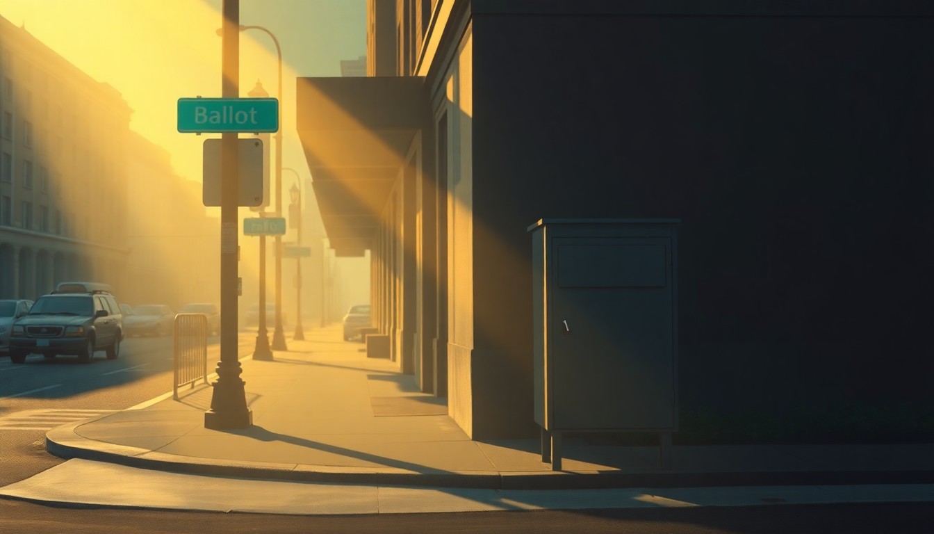 A serene, cinematic painting of a lone ballot box on a city street corner, with warm sunlight casting long shadows across the pavement, capturing the contemplative mood of the mayoral election.
