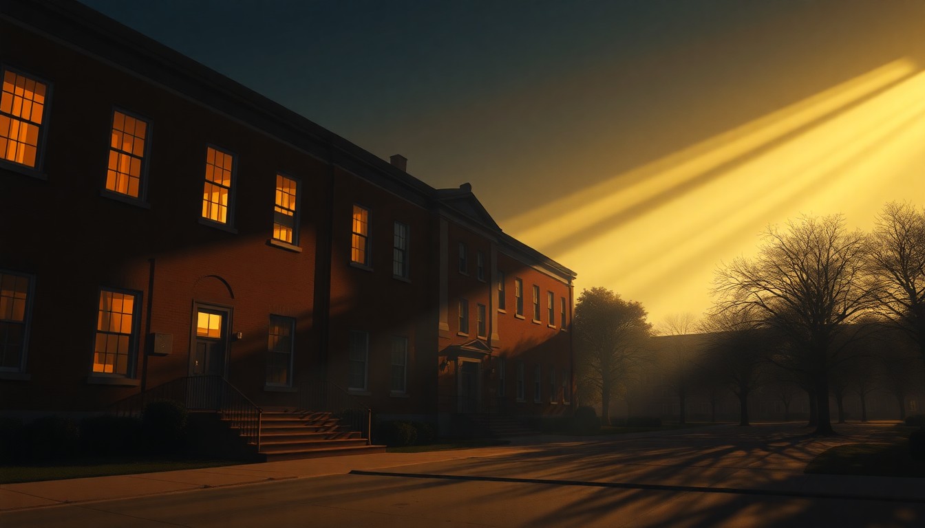 A tranquil, cinematic painting of a university campus building in warm, golden light, conveying a sense of quiet contemplation and unease.