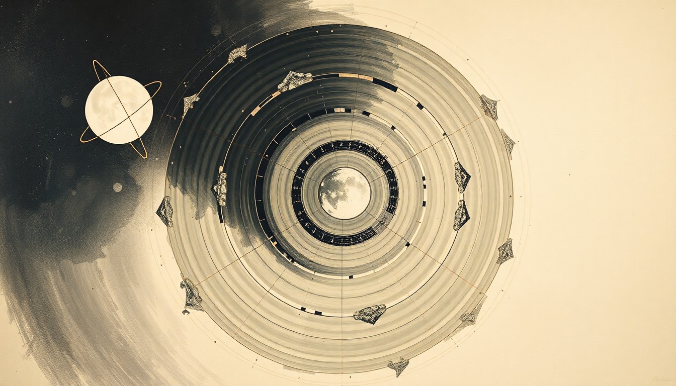 A bold, abstract painting in the style of Hilma af Klint, featuring sweeping geometric arcs, concentric circles, and precise spirals in earthy tones, conceptually representing the Artemis II mission's journey to the moon.