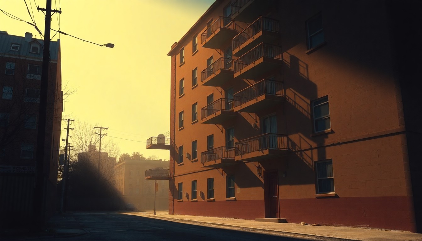 A serene, nostalgic painting depicting the weathered, shadowed exterior of an abandoned apartment building, conveying a sense of the property's troubled past and hopeful future.