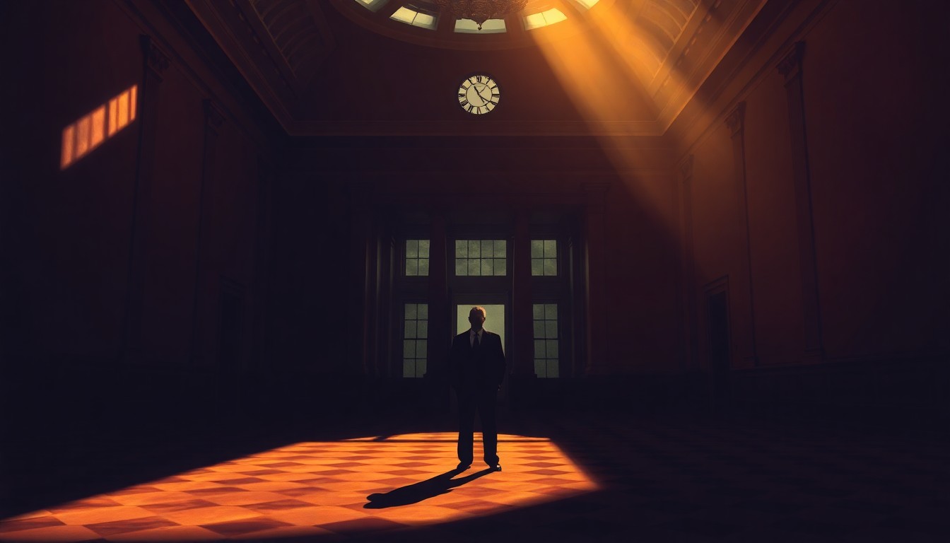 A moody, cinematic painting of a lone political figure standing in an empty government building, the warm light and deep shadows creating a sense of isolation and tension.