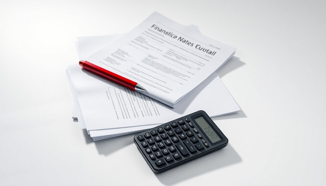 A photorealistic studio still life featuring a stack of financial documents, a broken calculator, and a single red pen, symbolizing the breakdown of corporate governance and financial transparency.