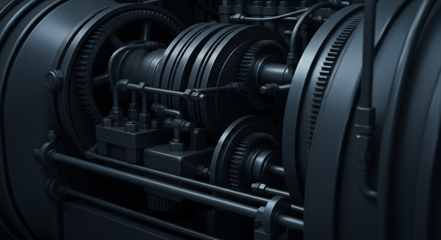 A highly detailed, macro-level view of complex banking equipment and machinery, representing the complex infrastructure underlying financial markets and the need for robust safeguards against manipulation.