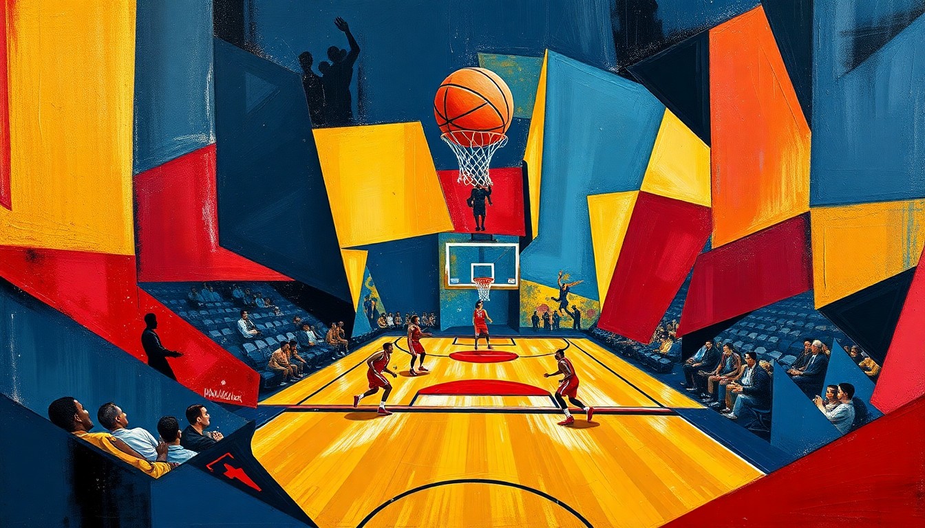 A fragmented, geometric painting depicting the action and intensity of a basketball game, with sharp planes of navy, crimson, and gold intersecting to create a dynamic, abstract composition.