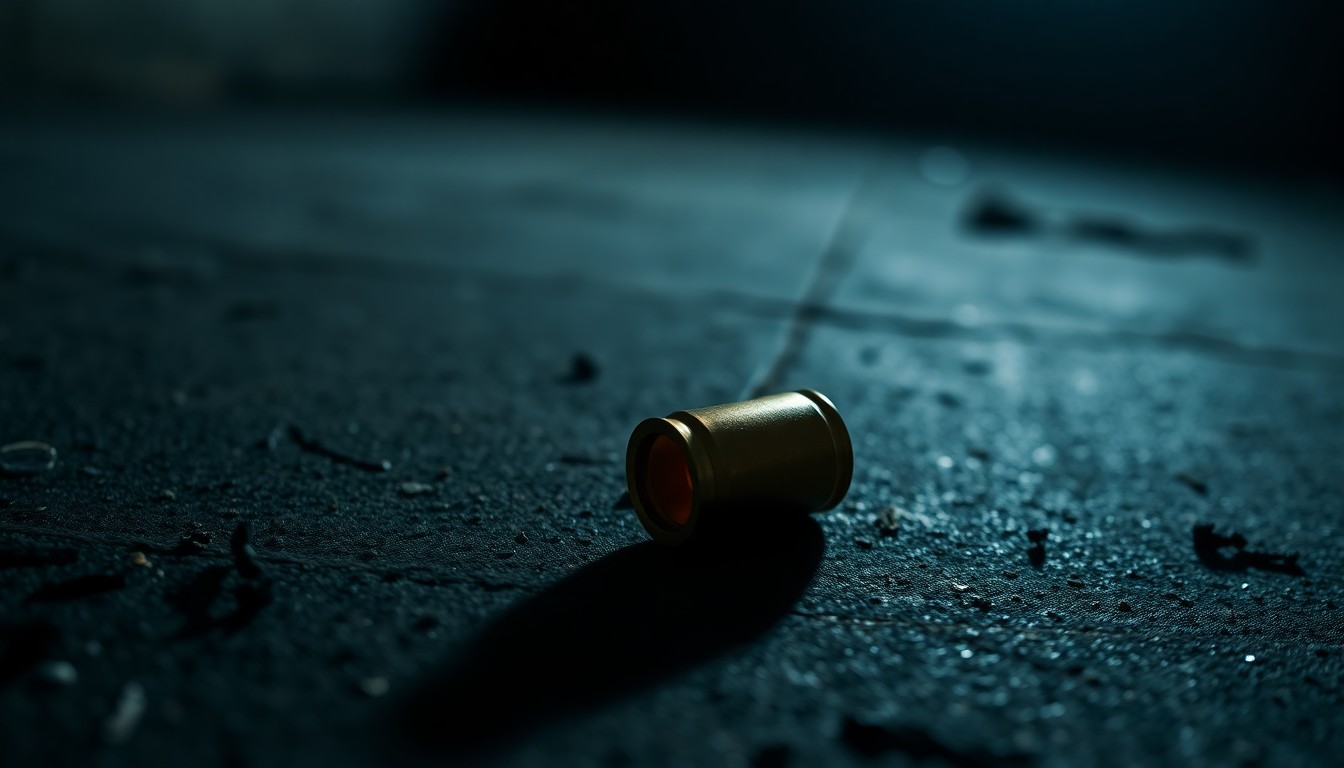 An extreme close-up of a single spent shell casing on a dark concrete surface, conceptually illustrating the aftermath of a shooting incident.