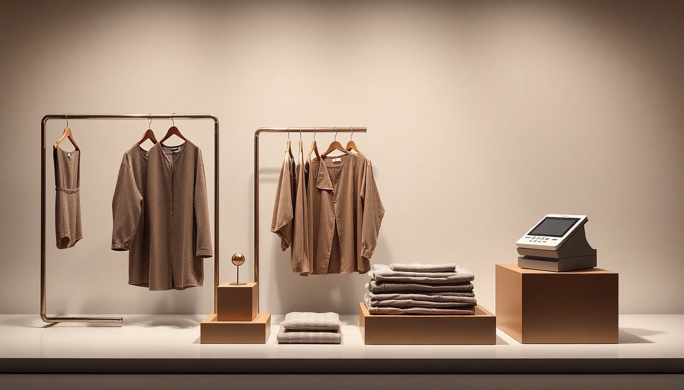 A high-end, photorealistic studio still-life photograph featuring a collection of premium, polished retail display items in muted earth tones and metallic accents, conveying the refined, strategic nature of modern retail.