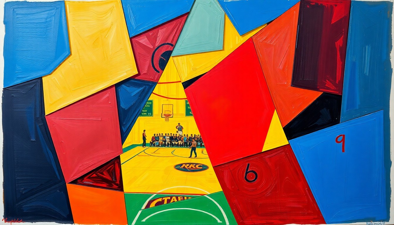 A fractured, cubist-style painting depicting the chaotic energy of a basketball game, with sharp geometric shapes in bright colors representing the players and action on the court.