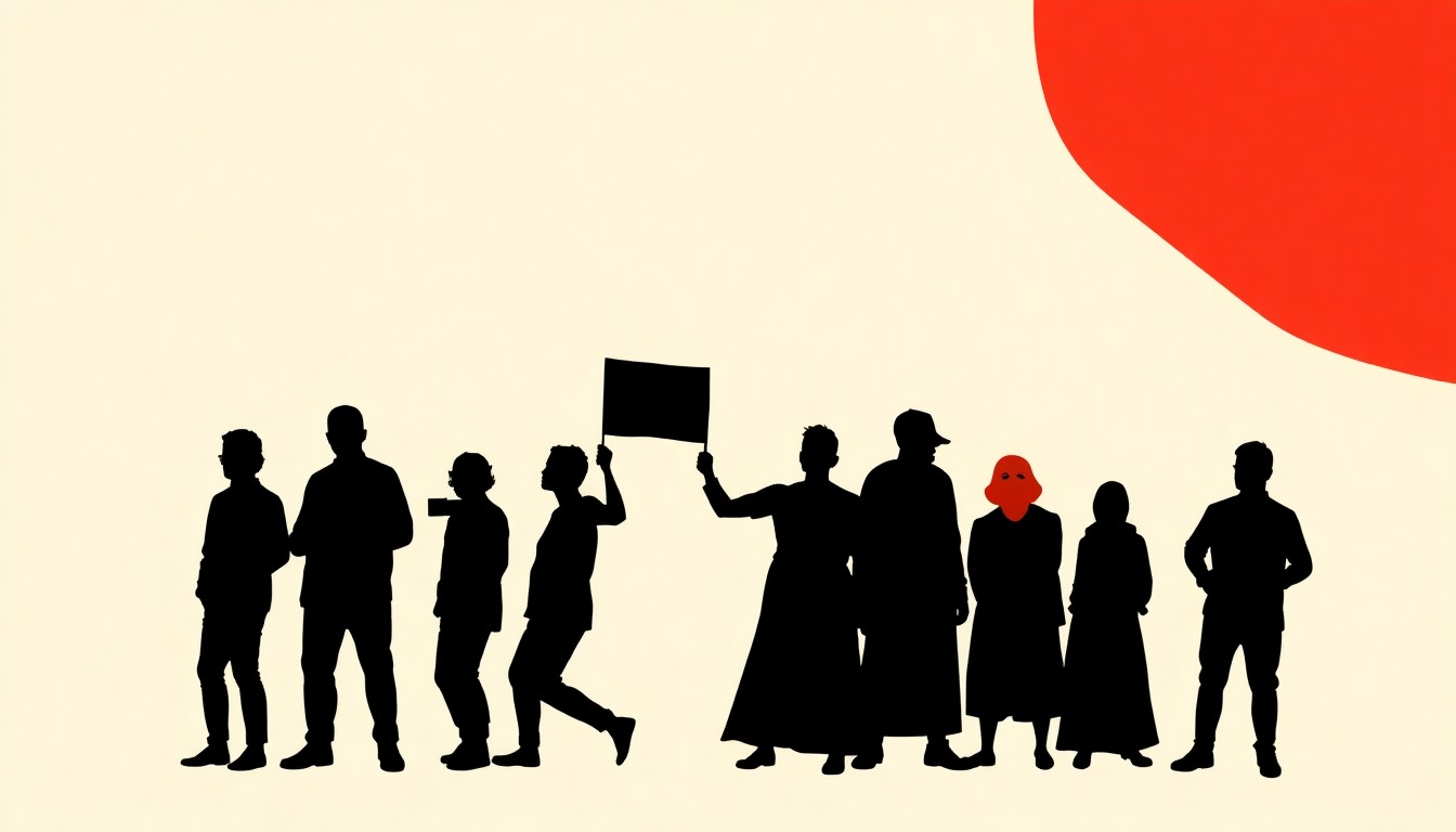 An abstract, minimalist composition of jagged black silhouettes and vibrant red and white shapes, representing the socially-conscious themes and global perspectives of the Artnauts Collective's artwork.