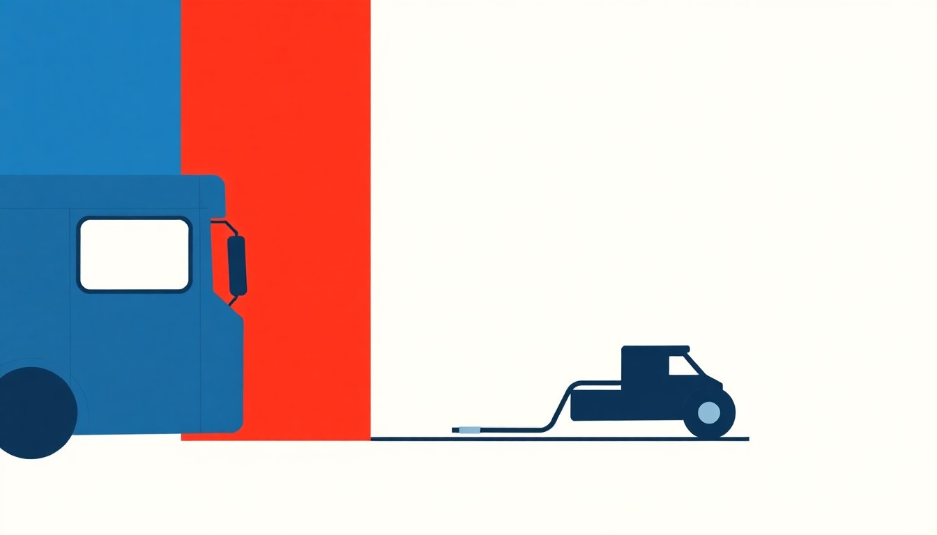 A geometric abstract illustration using bold shapes and primary colors to conceptually represent the economic impact of rising diesel fuel prices.