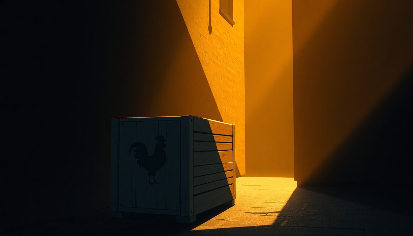 A close-up view of a weathered wooden crate sitting in a shadowy alleyway, with a faint rooster silhouette carved into its side, conveying the illicit nature of the activity that once took place here.