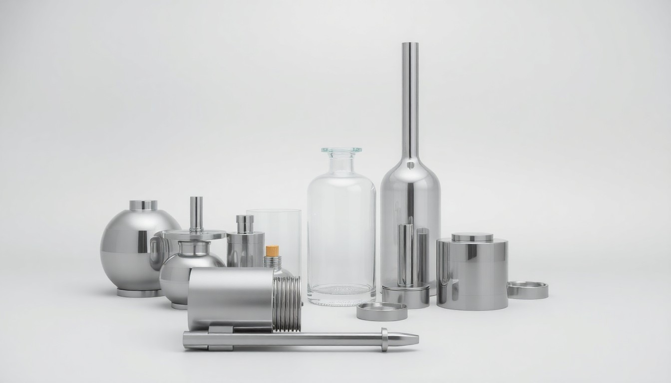 A photorealistic studio still life featuring a collection of premium, polished metal and glass objects arranged elegantly on a clean, monochromatic background, conceptually representing the allocation of transportation funding to balance local and regional infrastructure needs.