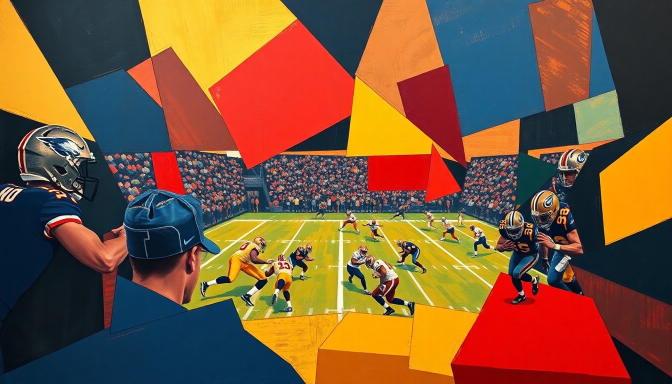 A fragmented, geometric painting depicting a football game in motion, with players and the field broken down into sharp, overlapping planes of navy, gold, and crimson red, capturing the dynamic energy of the sport.