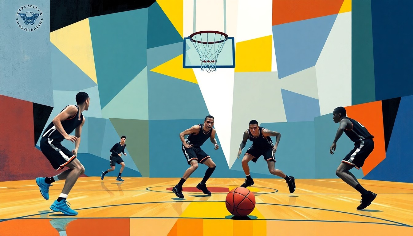 A fragmented, geometric painting in the style of Pablo Picasso, depicting the abstract forms of basketball players in motion on a court, with the players and ball broken down into sharp, overlapping planes of color representing the Whitefish Bay High School team colors.