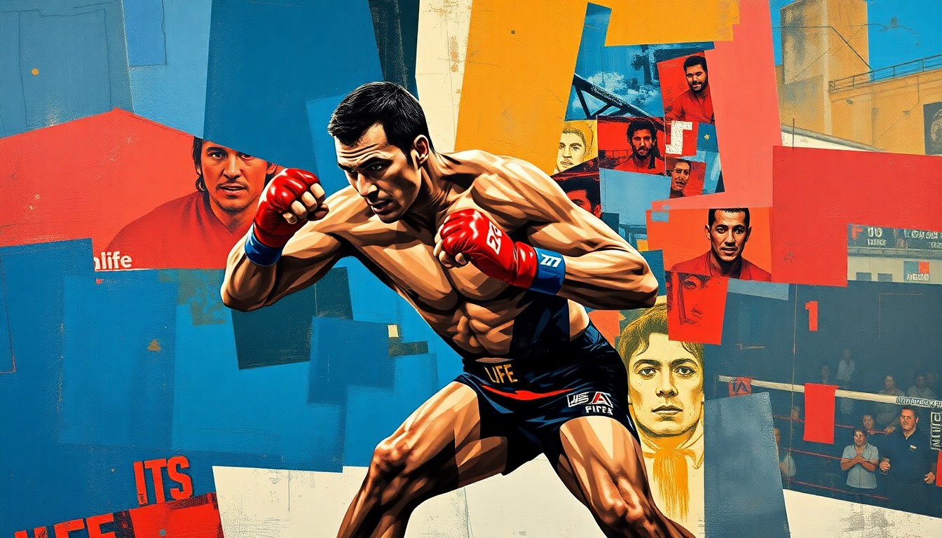 A cubist, geometric painting depicting an MMA fighter in mid-action, with sharp, overlapping planes of color representing the raw energy and discipline of the sport.
